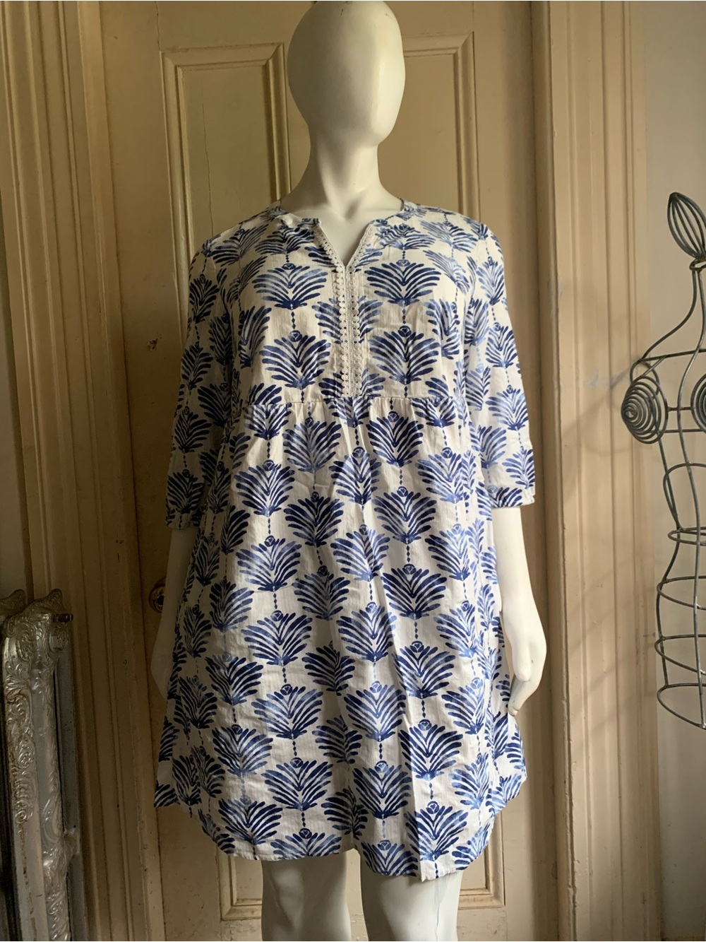 J. Jill White Dress with Navy Botanical Motif and Crochet Trim